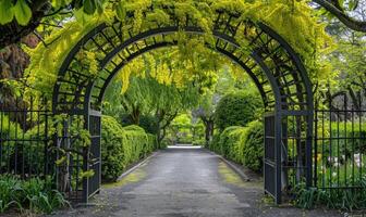 laburno albero rami formatura un arcata al di sopra di un' giardino cancello foto