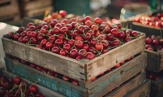 maturo ciliegie visualizzato nel un' Vintage ▾ frutta gabbia a un' nazione giusto foto