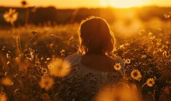 ritratto di giovane donna nel il campo nel tramonto leggero foto