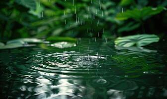 gocce di pioggia caduta in un' tranquillo stagno circondato di lussureggiante vegetazione foto
