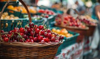 avvicinamento Visualizza di strappare ciliegie vendita su città mercato foto