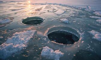 un' paio di ghiaccio pesca fori forato in il congelato superficie di un' lago foto