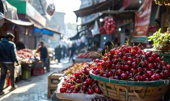 avvicinamento Visualizza di strappare ciliegie vendita su città mercato foto