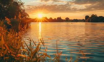 un' estate tramonto getto caldo tonalità al di sopra di il tranquillo, calmo lago foto