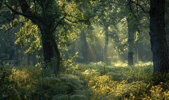 un' tranquillo, calmo bosco scena con luce del sole filtraggio attraverso il alberi foto