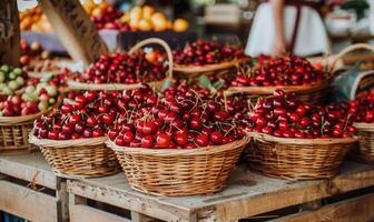 avvicinamento Visualizza di strappare ciliegie vendita su città mercato foto