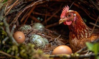 un' gallina guardia sua appena di cui uova nel un' nido foto