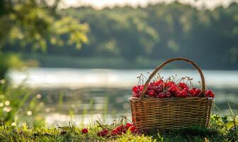 un' sereno in riva al lago picnic individuare con un' cestino di maturo ciliegie foto