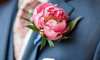 un' peonia boutonniere appuntato per un' quello dello sposo completo da uomo giacca foto