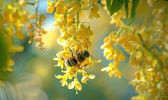 avvicinamento di un' ape raccolta nettare a partire dal laburno fiori foto