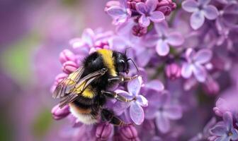 avvicinamento di un' bombo impollinazione lilla fiori foto