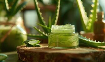 avvicinamento di un' vuoto vaso modello pieno con aloe Vera gel, bellezza nel natura, pelle cura routine foto