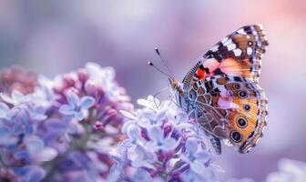 avvicinamento di un' farfalla riposo su lilla fiori foto