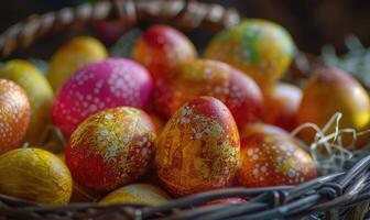 avvicinamento di colorato Pasqua uova nel un' cestino foto