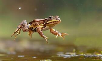 avvicinamento di rana arvalis nel salto a metà foto