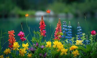 avvicinamento di vivace fiori selvatici liner il banche di un' primavera lago foto