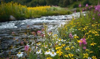 fiori selvatici fioritura lungo il sponde di un' serpeggiante primavera fiume. primavera natura sfondo foto