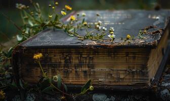 avvicinamento di un' Esposto alle intemperie vecchio libro con fiori selvatici in crescita a partire dal suo colonna vertebrale foto