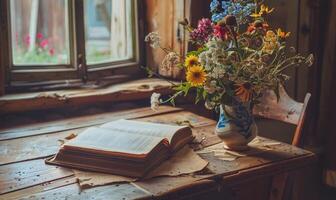 antico scrivania con un Aperto vecchio libro e un' vaso di fiori selvatici foto