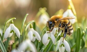 ape raccolta nettare a partire dal bucaneve fiori, avvicinamento Visualizza, selettivo messa a fuoco foto