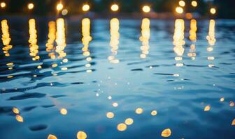 bokeh luci riflettendo via il superficie di un' calma lago a crepuscolo foto
