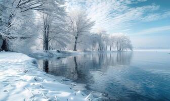 un' inverno paesaggio con un' congelato lago e innevato foresta foto