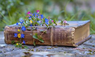 avvicinamento di un' Esposto alle intemperie vecchio libro con fiori selvatici in crescita a partire dal suo colonna vertebrale foto