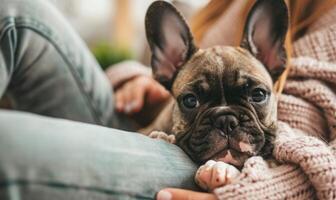 francese bulldog cucciolo coccole con suo proprietario su un' morbido divano foto
