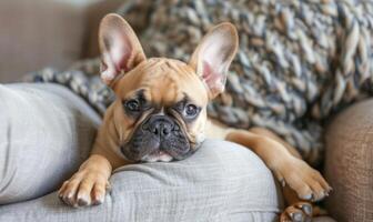 francese bulldog cucciolo coccole con suo proprietario su un' morbido divano foto