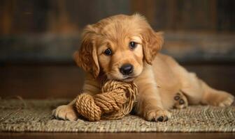 adorabile d'oro cane da riporto cucciolo giocando con un' masticare giocattolo foto