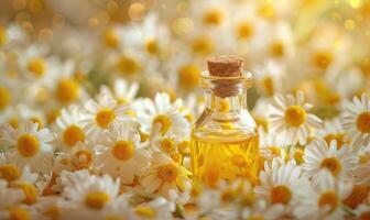 camomilla essenziale olio bottiglia e camomilla fiori avvicinamento, pelle cura cosmetico concetto foto