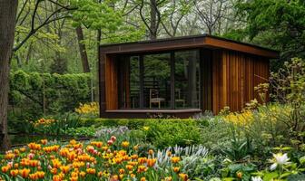 un' minimalista moderno di legno cabina circondato di un' varietà di primavera fiori e lussureggiante verde fogliame nel un' tranquillo giardino ambientazione foto