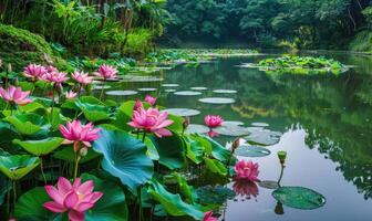 un' sereno stagno circondato di fioritura rosa loto fiori e lussureggiante verde fogliame foto