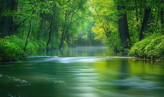 un' tranquillo Riva del fiume foderato con gemmazione alberi e vivace verde. primavera natura sfondo foto