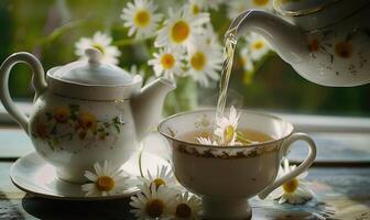 teiera scrosciante camomilla tè in un' tazza, vicino su foto