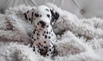 carino dalmata cucciolo con nero macchie seduta su un' soffice coperta foto