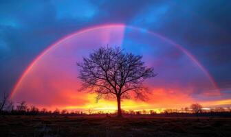 colorato arcobaleno dopo primavera piovere, arcobaleno su buio nuvoloso cielo foto