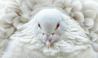 avvicinamento ritratto di un' bianca Piccione in mostra intricato piuma dettagli foto