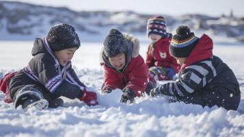 ai generato un' gruppo di inuit bambini siamo giocando un' tradizionale gioco nel il neve nel nunavut, Canada foto