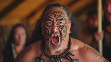 ai generato un' maori uomo con tradizionale facciale tatuaggi è l'esecuzione un' haka nel un' marae nel nuovo Zelanda foto