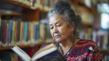 ai generato un' di mezza età donna a partire dal Oceania, con un' riflessivo espressione e un' prenotare, è lettura nel un' biblioteca nel Wellington, nuovo Zelanda foto