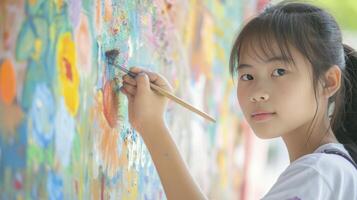 ai generato un' adolescenziale ragazza a partire dal sud-est Asia, con un' focalizzata espressione e un' pennello, è pittura un' murale nel un' scuola nel bangkok, Tailandia foto