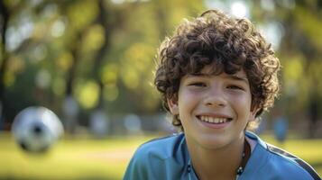 ai generato un' adolescenziale ispanico ragazzo con Riccio Marrone capelli e un' luminosa Sorridi è giocando calcio nel un' parco nel buenos arie foto