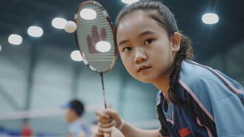 ai generato un' adolescenziale ragazza a partire dal sud-est Asia, con un' focalizzata espressione e un' badminton racchetta, è giocando nel un' torneo nel Giacarta, Indonesia foto