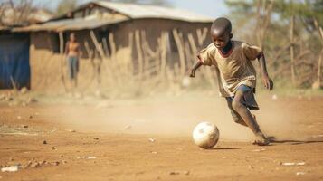 ai generato un' giovane africano ragazzo è giocando calcio su un' polveroso campo nel un' piccolo villaggio nel Kenia foto