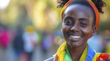 ai generato un' giovane africano donna, con un' Guarda di realizzazione e un' medaglia, è festeggiare sua vincere nel un' maratona nel addis abeba, Etiopia foto