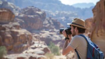 ai generato un' giovane uomo a partire dal il mezzo est, con un' orgoglioso espressione e un' telecamera, è assunzione fotografie di il paesaggio nel petra, Giordania