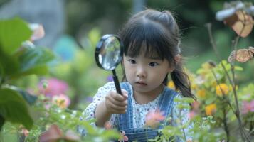 ai generato un' giovane ragazza a partire dal est Asia, con un' curioso espressione e un' ingrandimento bicchiere, è esplorando un' giardino nel kyoto, Giappone foto