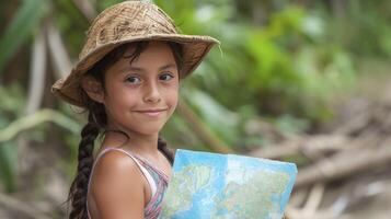 ai generato un' giovane ragazza a partire dal Sud America, con un' curioso espressione e un' carta geografica, è esplorando il amazon foresta pluviale nel brasile foto
