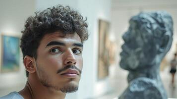 ai generato un' giovane uomo a partire dal il mezzo est, con un' orgoglioso espressione e un' pezzo di scultura, è in mostra il suo opera nel un arte galleria nel dubai, Emirati Arabi Uniti foto